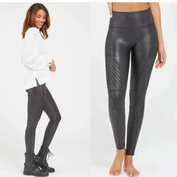 Spanx Faux Leather Moto Leggings in Black Size Large - Picture 1 of 16
